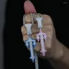 Kedjor isade ut hiphop män kvinnor halsband med rosa blå lysande korspolning pave 5a cz sten rep kedja tennis smycken