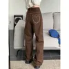 Женские джинсы коричневые женские джинсы с высокой талией винтажные мешковатые джинсовые брюки Streatwear Сердце дизайн мода широкая джинсовая банка 230303