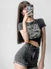 Женские футболки Qweek Vintage Manga Print Графические шорты Женщины Harajuku Gothic Grunge Y2K Slim Skinny футболка Tops bf ins 2023 Лето