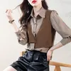 Women's Blouses Shirts Stylish Lapel Button Spliced Striped Fake Two Pieces Shirt Women's Clothing Autumn Casual Tops Irregular Blouse 230306