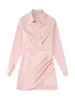 Robes décontractées TRAF femmes mode avec froncé Satin Mini robe Vintage col en V à manches longues femmes robes Vestidos Mujer 230303