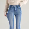 Kvinnors jeans vinter kvinnor snö varm plysch stretch blyertsbyxa termiska jeans avslappnad mager tjock fleece legging kvinnliga retro blå byxor 230306