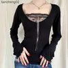 Women's Knits Tees Women Bodycon Pullovers Black Long Sleeves Scoop Neckline Lace Hem Tops Autumn Women's Tube Top Streetwear Y2k Fashion W0306