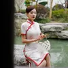Etnik Giyim Kadın Moda Saten Saten Kısa Kollu Çıngırak Cheongsam Seksi Akşam Partisi Elbise Retro Çin Geleneksel Zarif Bodycon Qipao