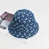 Chapeaux à larges bords Chapeaux de seau Chapeau de seau en Jean imprimé lune pour femmes Denim bleu Bob chapeaux Protection solaire à bord court casquettes de pêcheur chapeau cloche de créateur Streetwear 230306