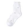 Women Socks Casual Comfortable Summer Cotton Bow Ruffles Decor Lovely Flower Printed Hosiery Soft Breathable