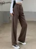 Damenhosen Capris Yitimoky Weiße Hosen für Frauen Bürodame Hohe Taille Kleidung Arbeit Koreanische Mode Schwarze durchgehende Seitenstreifenhose 230306