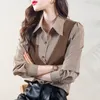 Women's Blouses Shirts Stylish Lapel Button Spliced Striped Fake Two Pieces Shirt Women's Clothing Autumn Casual Tops Irregular Blouse 230306