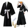 Anime-Kostüme orientalischer japanischer traditioneller Kimono Samurai BLEACH Kurosaki Ichigo Cosplay kommt Robe-Kleid mit Strohsandalen Luffy Z0301