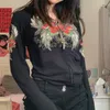 Sweats à capuche pour femmes Sweats Doury 90s Vintage Sweat Floral Graphic Print Slim Hoodies E-girl Gothique Noir Cropped Coat Femmes Outwear 230303