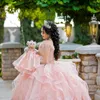 핑크 스위트 16 Quinceanera 드레스 섹시 오프 어깨 아플리케 스팽글 꽃 공주 파티 가운 멍청이 de 15 anos