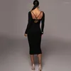 Casual Dresses Black Cross Hollow Out Male Women Sexig Maxi Dress 2023 Spring Clothing Long Sleeve Backless Fashion Ruched Nacing