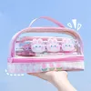 Pencil Bags Transparent Portable Cartoon Rabbit Large Capacity Pencil Case Double Layer Pen Bag Stationery Organizer Makeup Storage Pouch J230306