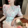 Bluzki damskie Przyjazd 2023 Letnie kobiety kwiaty szyfonowa bluzka vintage moda elegancka koralika o puff rękawy puchowe