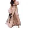 Casual Dresses 2023 Summer New Women's V-neck Fashion Bubble Sleeve Mesh Perspective Dress Long Dress T230303