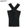 Kvinnors tankar Camis Zevity Women Chic Sexy Cross Strap Black Knitting Tank High Street Ladies Summer Slim Crop Tops SW835 230306