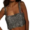 Damestanks J78E vrouwen sexy off schouder bijgesneden tanktop glitter Rhinestone metaal diamant camis Vest Bacless Dancing Festival Party