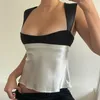 Dames Tanks Camis Xeemilo Sexy Satijn Patchwork Tank Top Dames Backless Tie Up Skinny Camis Crop Tops Y2K Fee Meisje Vakantie Feestkleding Hemdje 230306