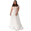 Vestido de novia elegante de gasa de talla grande con cuello en V de manga corta con cuentas vestido de novia con cordones en la espalda Robe De Mariage