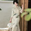 Ethnic Clothing Lotus Print Chinese Traditional Dress Long Sleeve Women Qipao Slim Elegant Female Cheongsam Modern Wedding