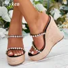 Sandália 2023 New Crystal Platform Wedges Slippers Summer Peep Toe Toe Woman Sexy Super High Mules Sandals feminina 230302