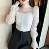 Kadınlar Blouses 2023 Seksi Mesh Patchwork Bluz En İyi Kadınlar Kore Pufu Uzun Kollu Zarif Günlük Gömlek Blusas de Mujer