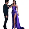 Sexy Purple Long Prom Dresses Side High Slit Beaded Straps Pleats Satin Evening Gowns For Women Detachable Peplum Train Sheath Special Occasion Wear 2023