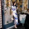 Ethnic Clothing SHENG COCO Women Classic Blue White Cheongsam Evening Dress Half Long Sleeve Show Silk Novelty Oriental Costumes