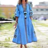 Casual Dresses Vestido Spring Summer Women's Boho Dress Fashion Elegant Sexig V-ring Retro Digital Printed Tassel Puff Sleeve Mid Length Dresses 230303