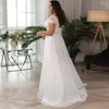 Bröllopsklänning Elegant Chiffon Plus Size V-Neck korta ärmar pärlstav brudklänning med snörning bak robe de mariage
