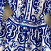 Robes décontractées piste automne femmes revers bouton à manches longues bleu et blanc porcelaine fleur imprimer mince grande balançoire fête Vestidos
