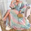 Casual jurken 2023 Nieuwe damesjurk Deep V Lantern Sleeve Color Luipaardpatroon Leisure Print Dress T230303