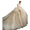 Abiti da sposa di lusso Dubai Ball Gown Manica lunga Collo in cristallo trasparente Abiti da sposa con applicazioni di perline di cristallo Abiti da sposa con paillettes in pizzo Vestido De Novias
