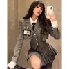 Two Piece Dress Shirt Blouse Vest Skirt Suits Girl College Style Plaid Suit Pleated Mini Female Sexy Korean Jacket Blazers Coat A5R 230306