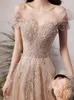 Luxury Champagne Long Evening Dresses Boat Neck A-line Shiny Sequined Lace Applique Beaded Long Prom Off The Shoulder New