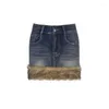 Юбка Женская джинсовая плюшевая отделка пэчворки с низкой талией мини -юбка Y2K Spring Fall Crabled Hip Short Fairycore Grunge Streetwear