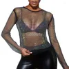 T-shirts Femmes Femmes À Manches Longues Résille Mesh T-shirt Glitter Strass Creux Voir À Travers Pull Tee Top Sheer Blouse Clubwear