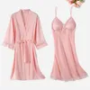 Women's Sleepwear Lace Female 2PCS Robe Set SEXY Nightgown Intimate Lingerie Loose Kimono Bathrobe Gown Lady Rayol Casual Sleep