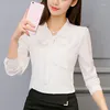 Blouses pour femmes rose pull haut femmes Blouse 2023 automne mode élégant nœud papillon à manches longues blanc affaires chemise dames coréen formel