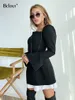 Casual Dresses Bclout Elegant Black Dress Women 2022 Autumn Puff Sleeve High Waist Sexy Mini Dresses Fashion Patchwork Slit Party Dress Female Z0216