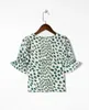 Kvinnors blusar 2023 Vintage White Green Leopard Dot Print Shirt Retro Elastic Ruched Back Square Collar Kort ärm Blus Tank Tops