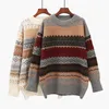Kadın Sweaters Vintage Sweater Kadınlar Knited Sak yapılar Kış Stripted Jumper Sıradan büyük boylu kazaklar bayanlar uzun kollu örgü sıcak üstler 230306