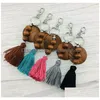 Keychains Lanyards Party Favor Wooden Bead Keychain With Round Wood Chips And Cotton Tassel Pendant Key Ring Custom Sublimation Lo Dhc28