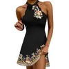 Vestidos casuais moda halter feminino mini vestido sem mangas floral férias de verão folhas de verão A-line vestidos