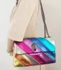 Damen-Handtasche mit Regenbogen-Wellenmuster, Adlerkopf auf der Vorderklappe, bunte Umhängetasche, Patchwork-Pu-Leder