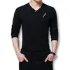 Herren T-Shirts Icpans Langarm Herrenhemd Schwarz Grau Weiß V-Ausschnitt T-Shirt Baumwolle Polyester 2023 Plus Größe XXXXL 5XL T-Shirts Top