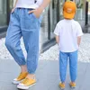Jeans Jeans Jeans Crianças Summer Coréia estilo tornozelo calça sólida cor fina de calça fina de calça infantil para menino 4 5 7 9 11 anos 230306