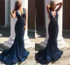 Navy Blue Lace Mermaid Evening Dresses sexy 2023 Deep V Neck Appliques Sequins Long Prom Party Gowns For Women Formal Occasion Wears BC15364