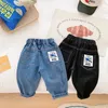 Jeans Toddler Kids Boy Jeans Autumn Children Cartoon Mönster Löst last Byxa denim byxor Elastisk midja för 1-7 år 230306