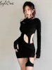 Casual Dresses Sylcue Sexy Nightclub Cutout Glamorous Beautiful To Highlight The Slim Fit Versatile Black Simple Women's Dress TwoPiece Z0216